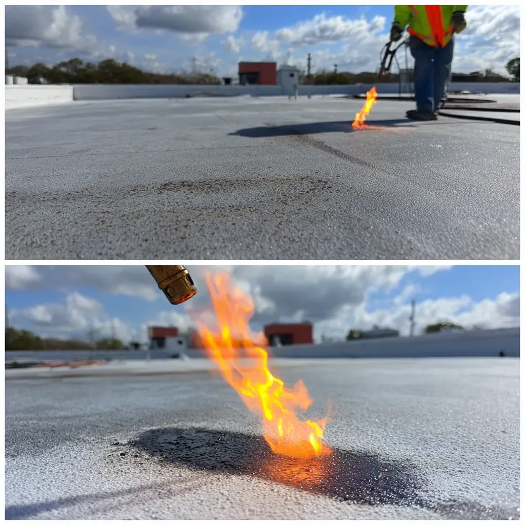 Commercial flat roof repair in Lehigh Acres FL for punctures, open seams, blistering, and substrate deterioration.
