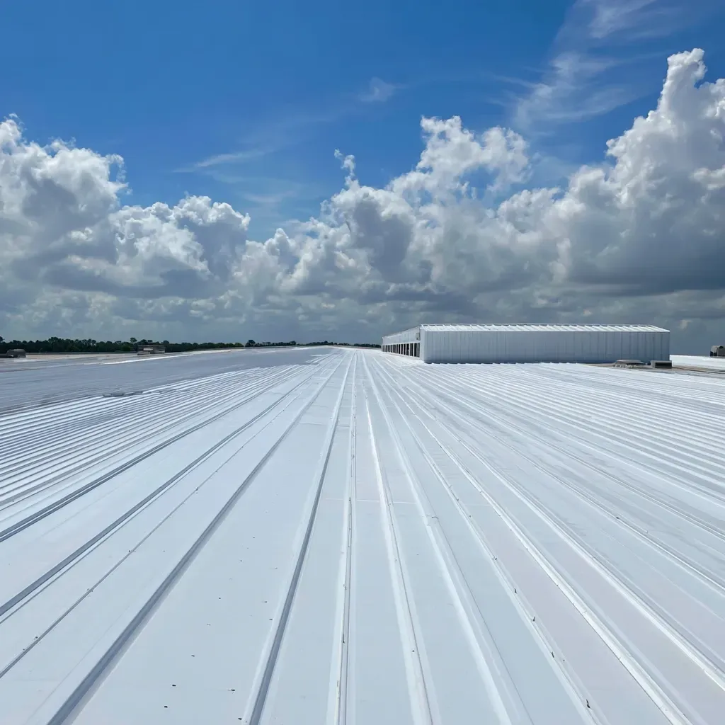 Silicone and acrylic coated commercial flat roof installation Lehigh Acres FL for re-roof overlays and maintenance-free surfaces.