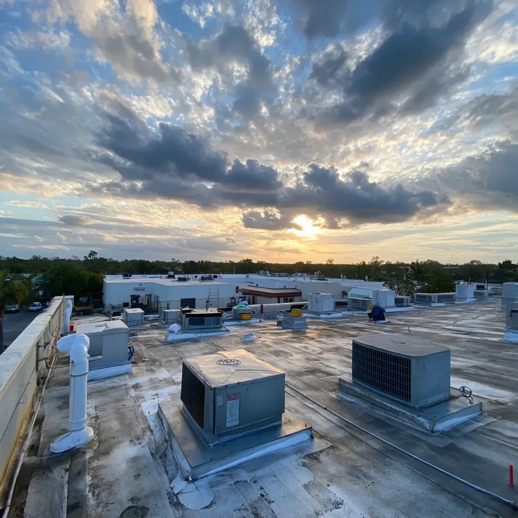 Durable commercial flat roof installation Lehigh Acres FL using 60-mil TPO, fleece-back membrane, and vapor barriers.