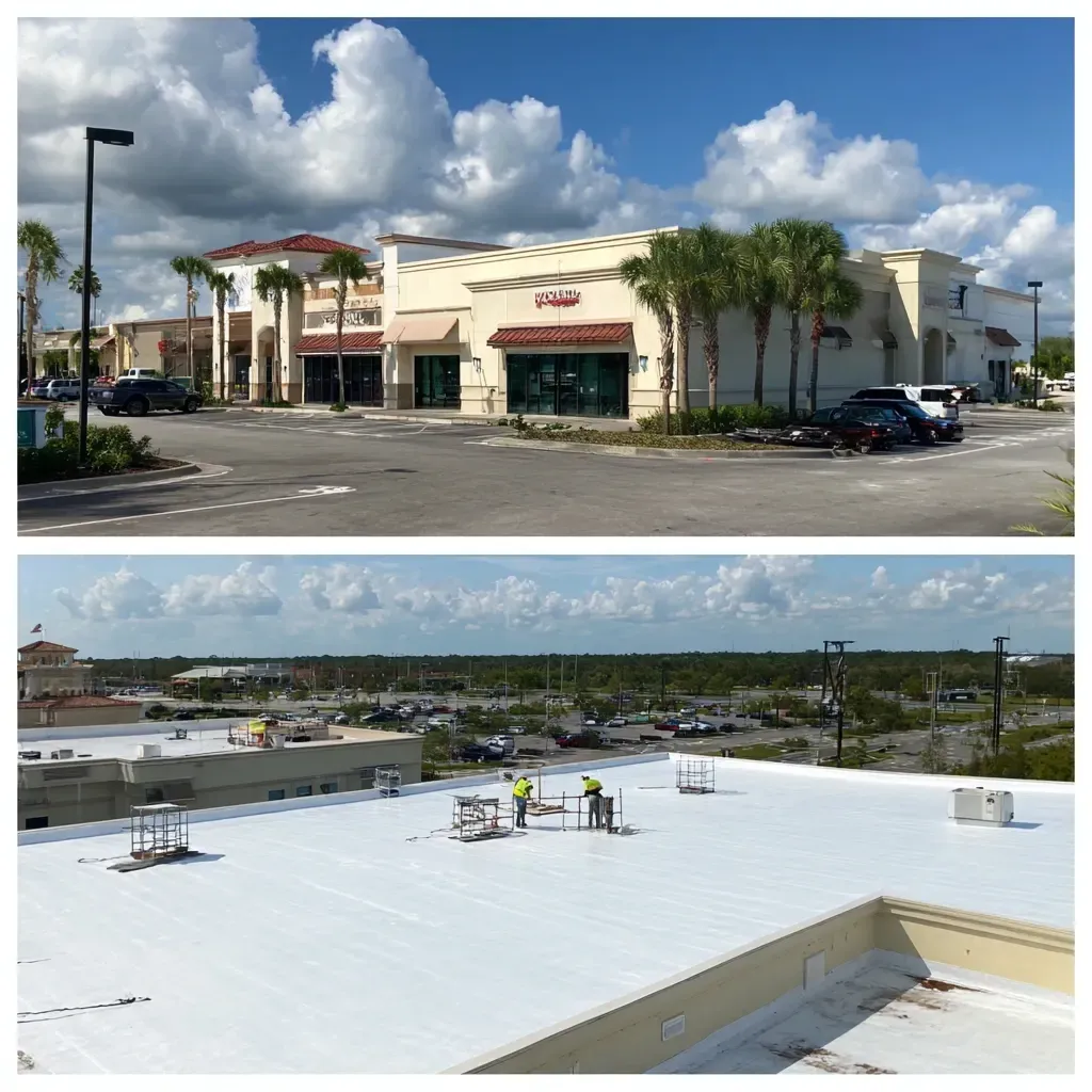 Industrial-grade commercial roofing in Lehigh Acres FL with roof curbs, HVAC integration, and parapet wall detailing.