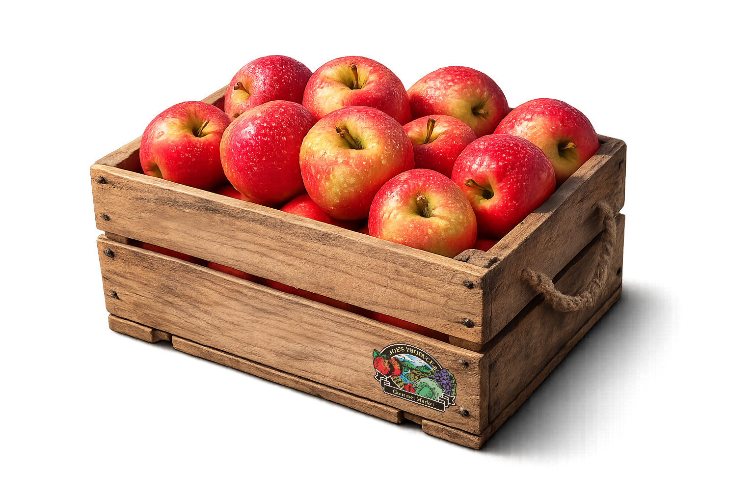Wooden crate overflowing with red and yellow apples.