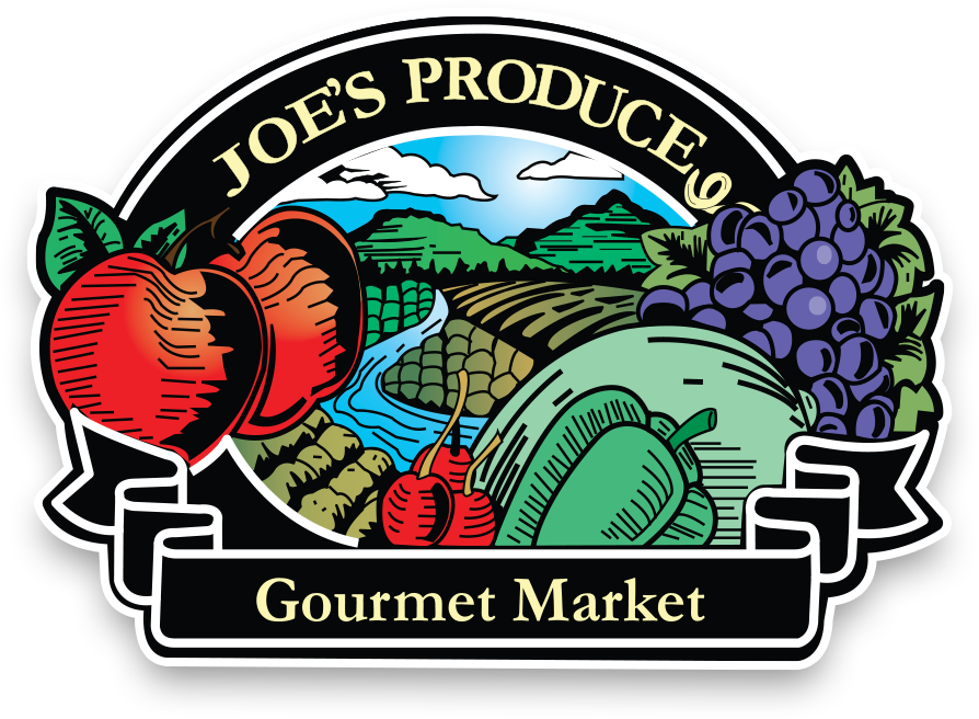 Joe's Produce Gourmet Market logo. Fruits and vegetables frame a landscape with a river, mountains, and sky.