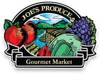 Joe's Produce Gourmet Market logo. Fruits and vegetables frame a landscape with a river, mountains, and sky.