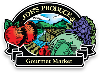 Joe's Produce Gourmet Market logo. Fruits and vegetables frame a landscape with a river, mountains, and sky.