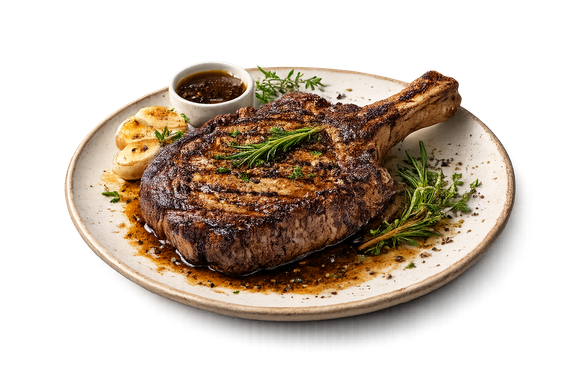 Grilled NY Strip steak with sauce, herbs, and garlic on a white plate.