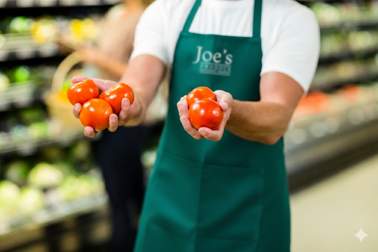Person in green apron holding tomatoes in a supermarket aisle.