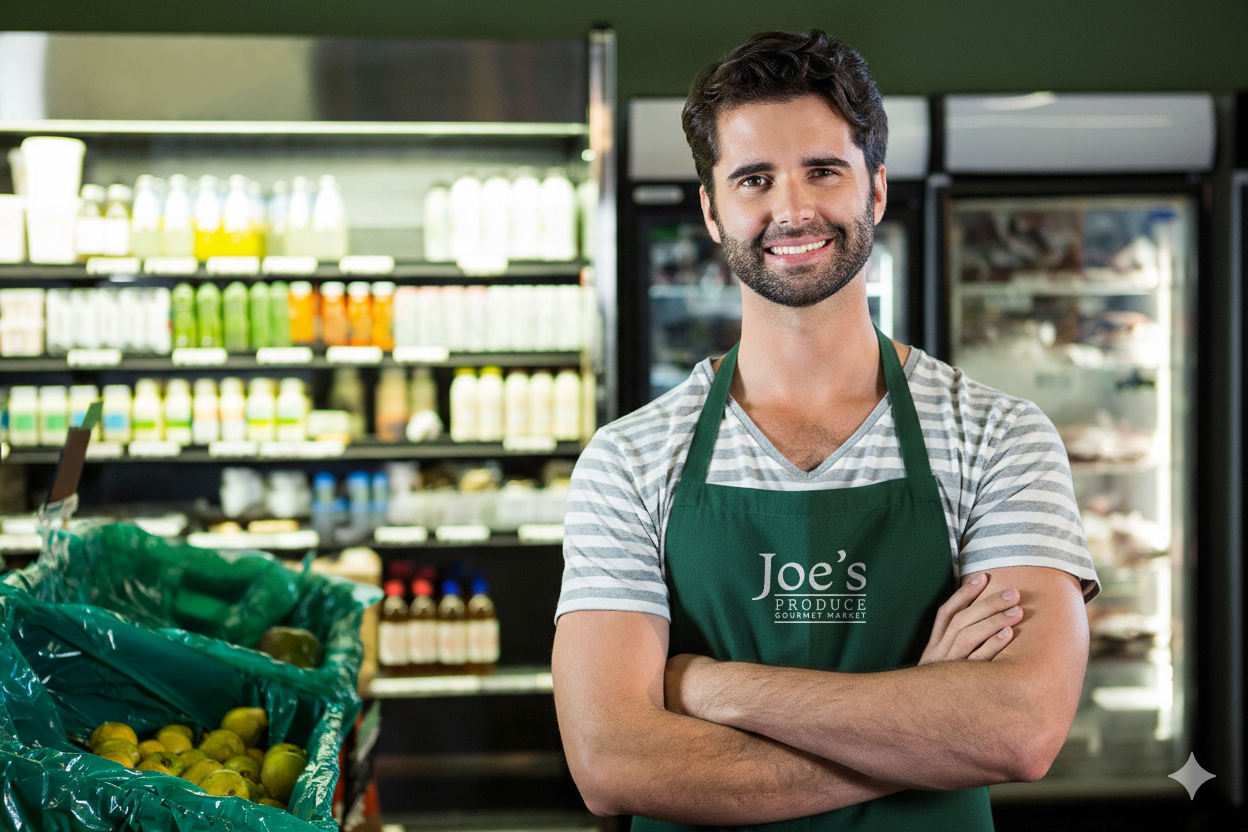 Man in green apron smiles in front of grocery store shelves, arms crossed.