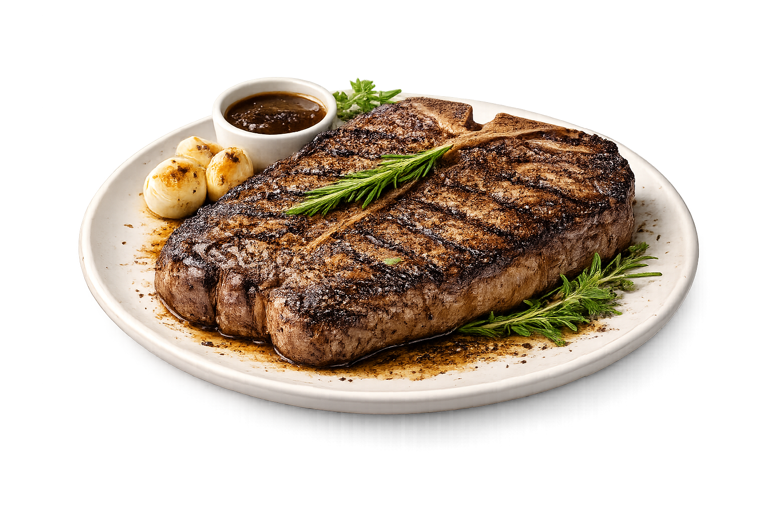 Grilled portrerhouse steak with sauce, herbs, and garlic on a white plate.