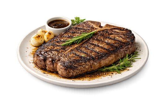 Grilled portrerhouse steak with sauce, herbs, and garlic on a white plate.