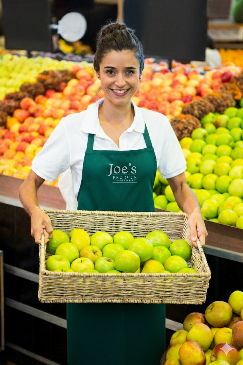 Woman in green apron holding a basket of green apples in a grocery store, smiling.