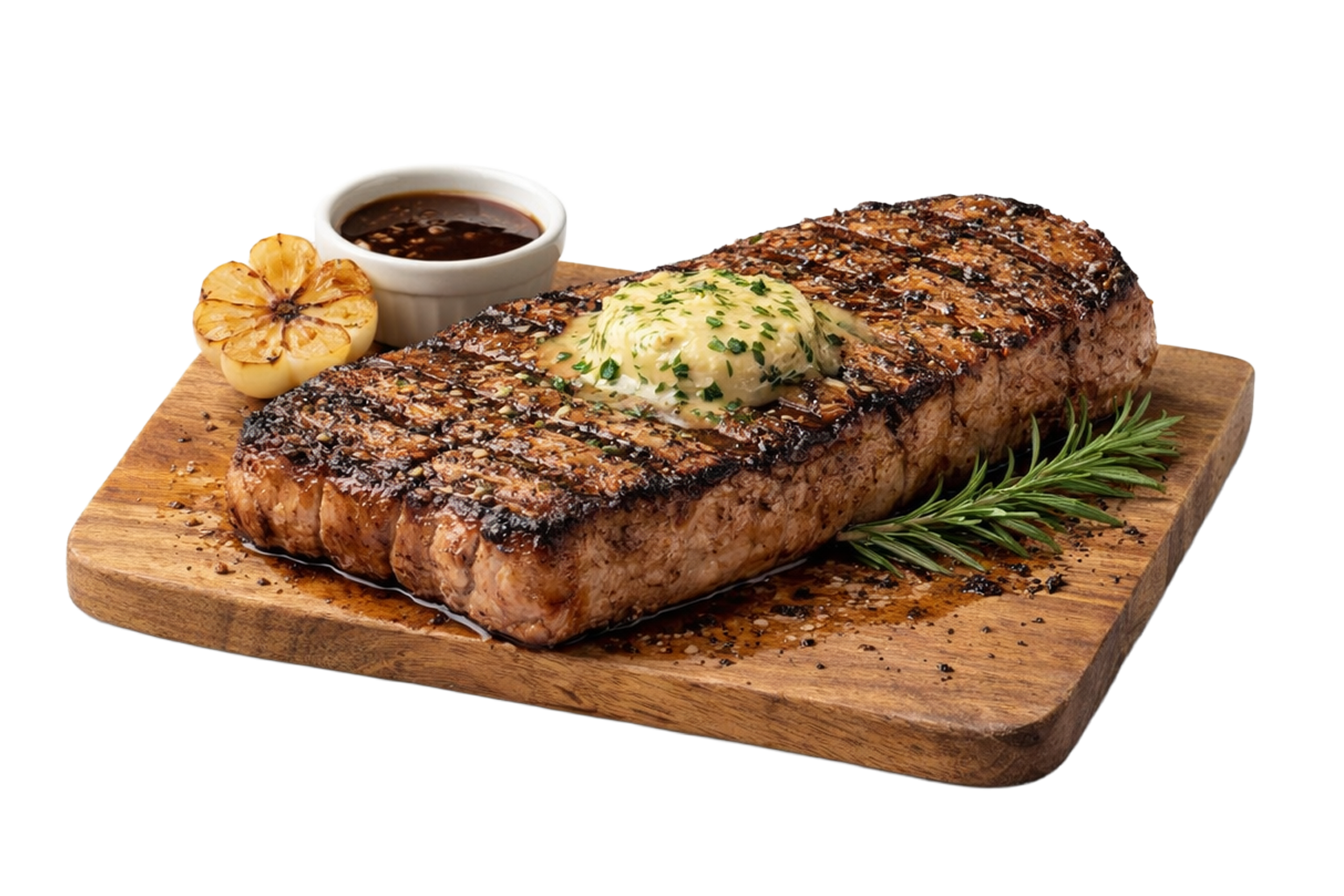 Grilled NY Strip steak with sauce, herbs, and garlic on a white plate.