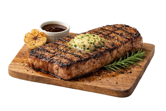 Grilled NY Strip steak with sauce, herbs, and garlic on a white plate.