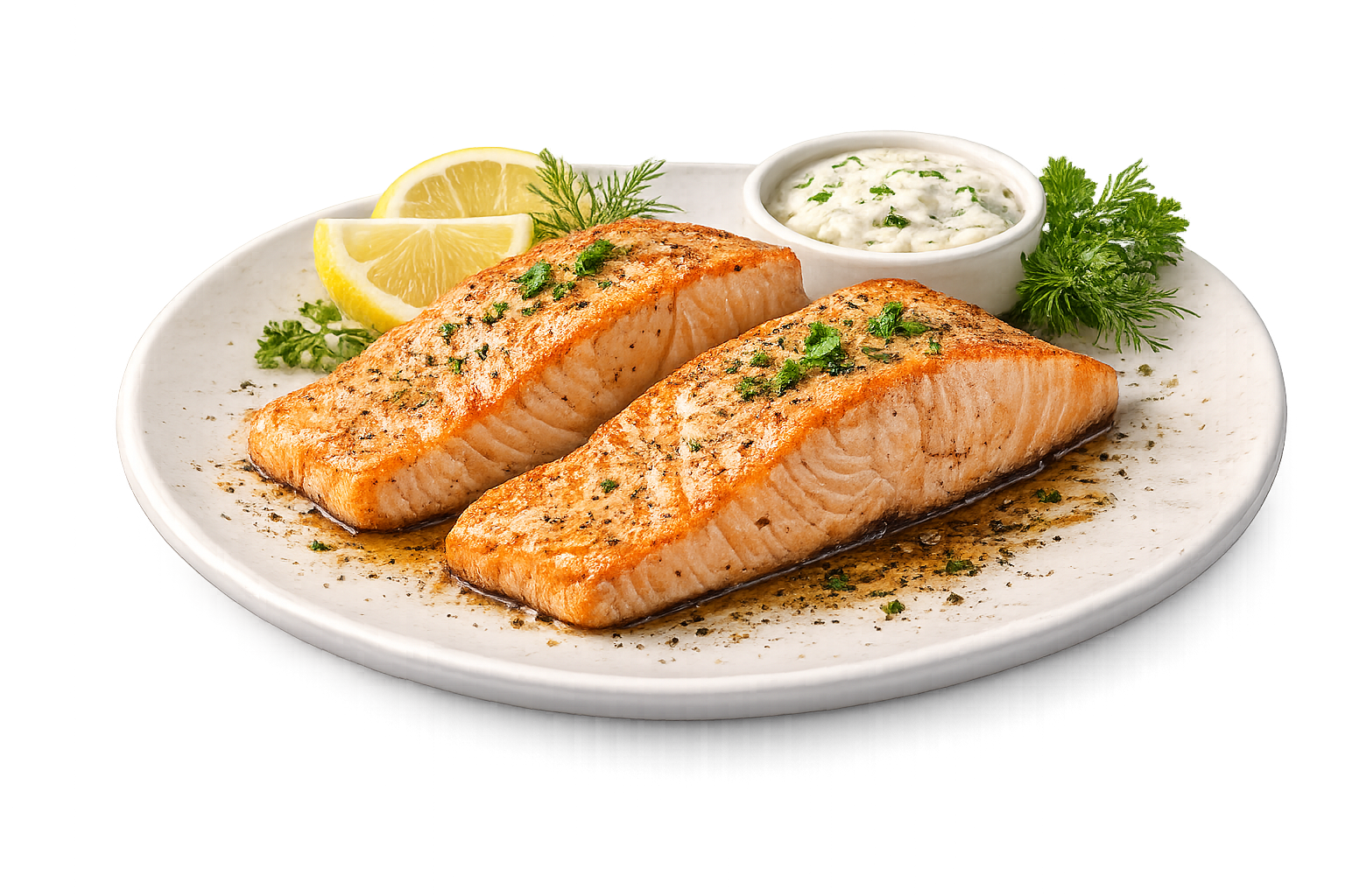 Grilled portrerhouse steak with sauce, herbs, and garlic on a white plate.