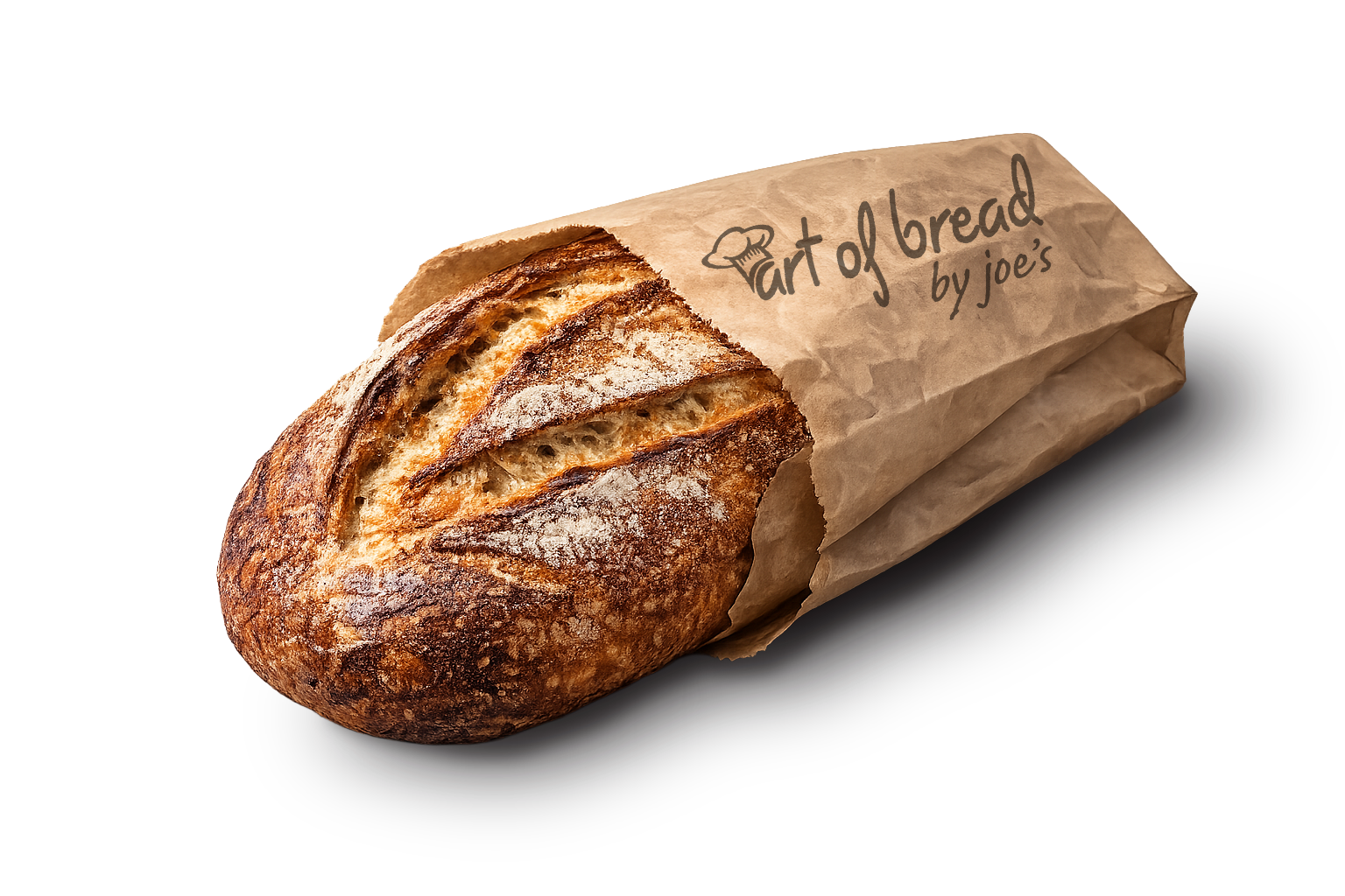 Loaf of artisanal bread in a brown paper bag, labeled