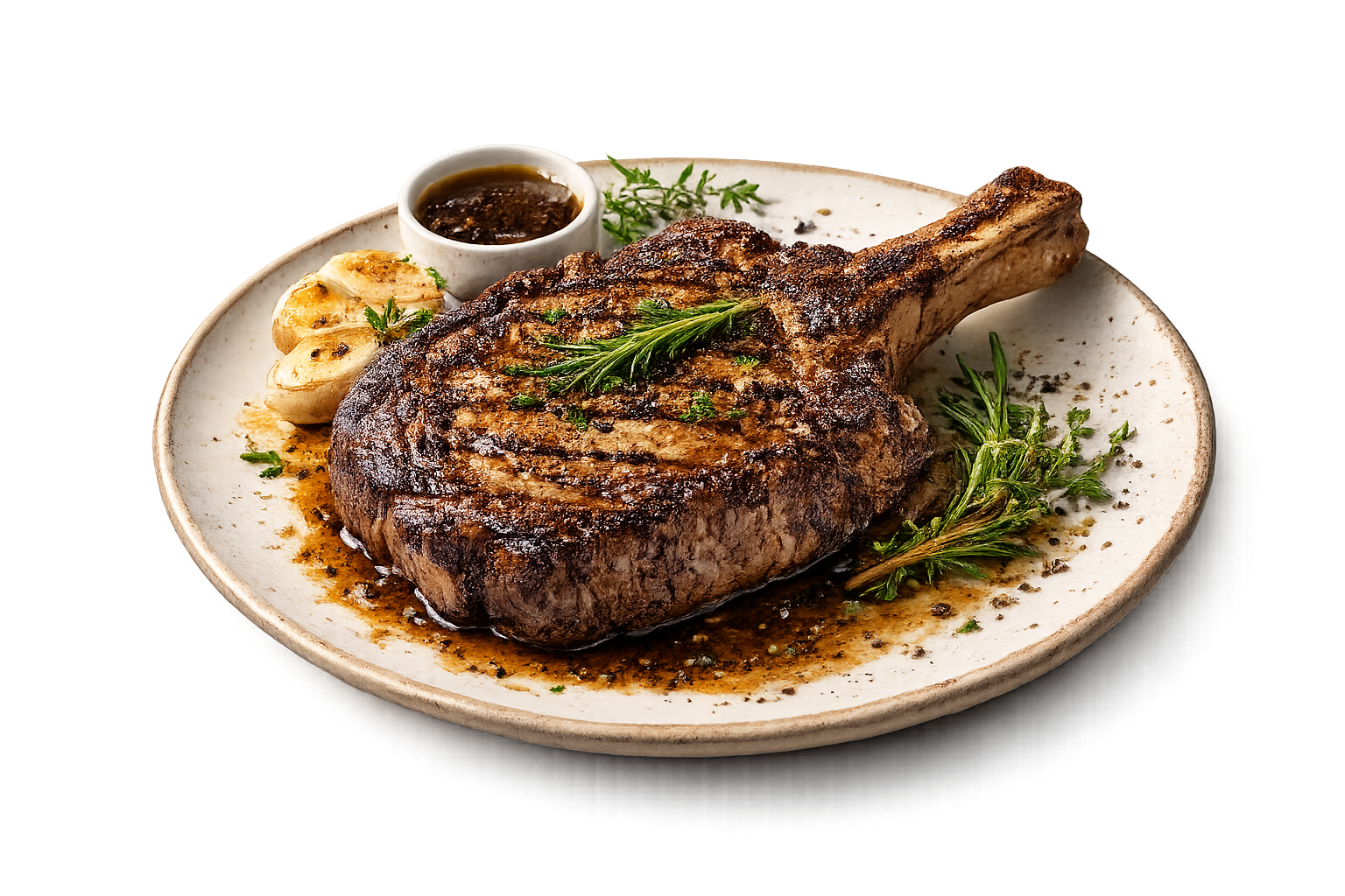 Grilled portrerhouse steak with sauce, herbs, and garlic on a white plate.