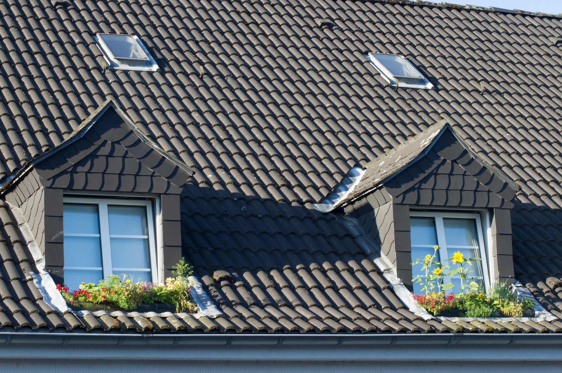 A dark-tiled roof featuring two dormer windows with flower boxes and two smaller skylights above.