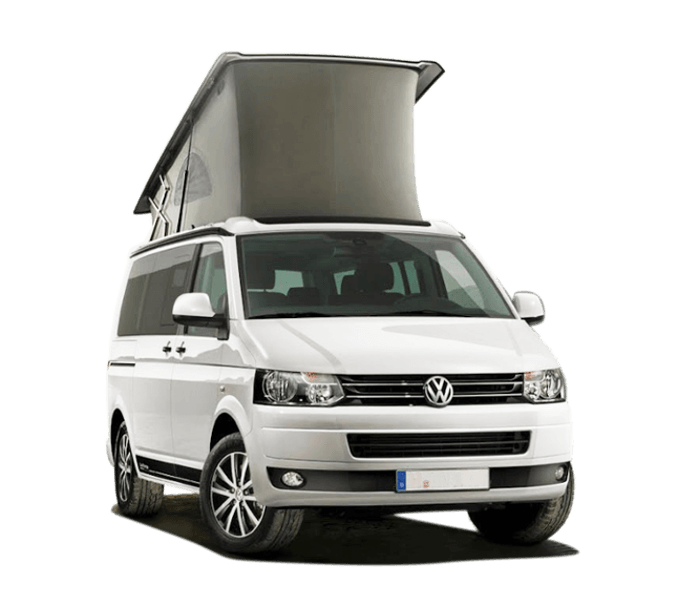 a white volkswagen van with a pop up roof