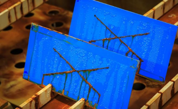 Dos tarjetas azules están encima de una mesa de madera.