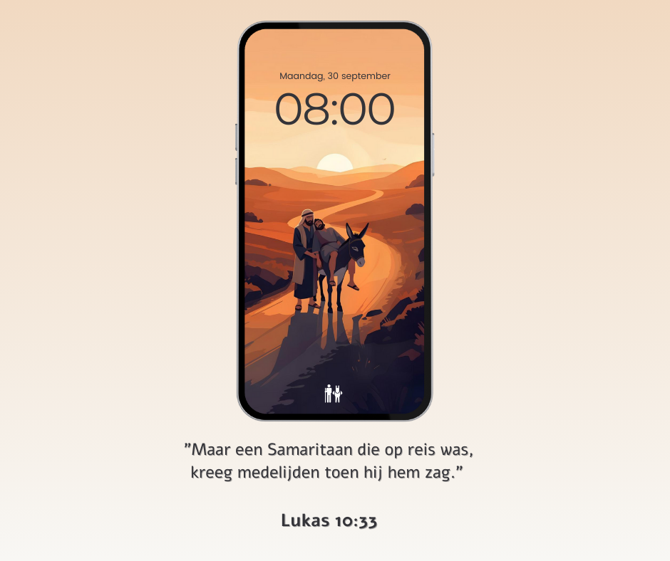 Een telefoon met op het scherm een ​​afbeelding van een man die op een ezel rijdt.