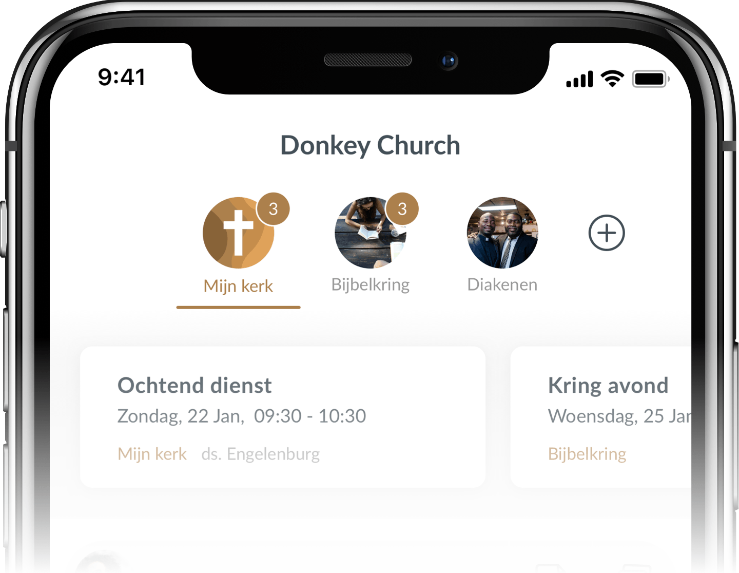 De groepenstructuur aan de bovenkant van de Donkey Mobile kerk app
