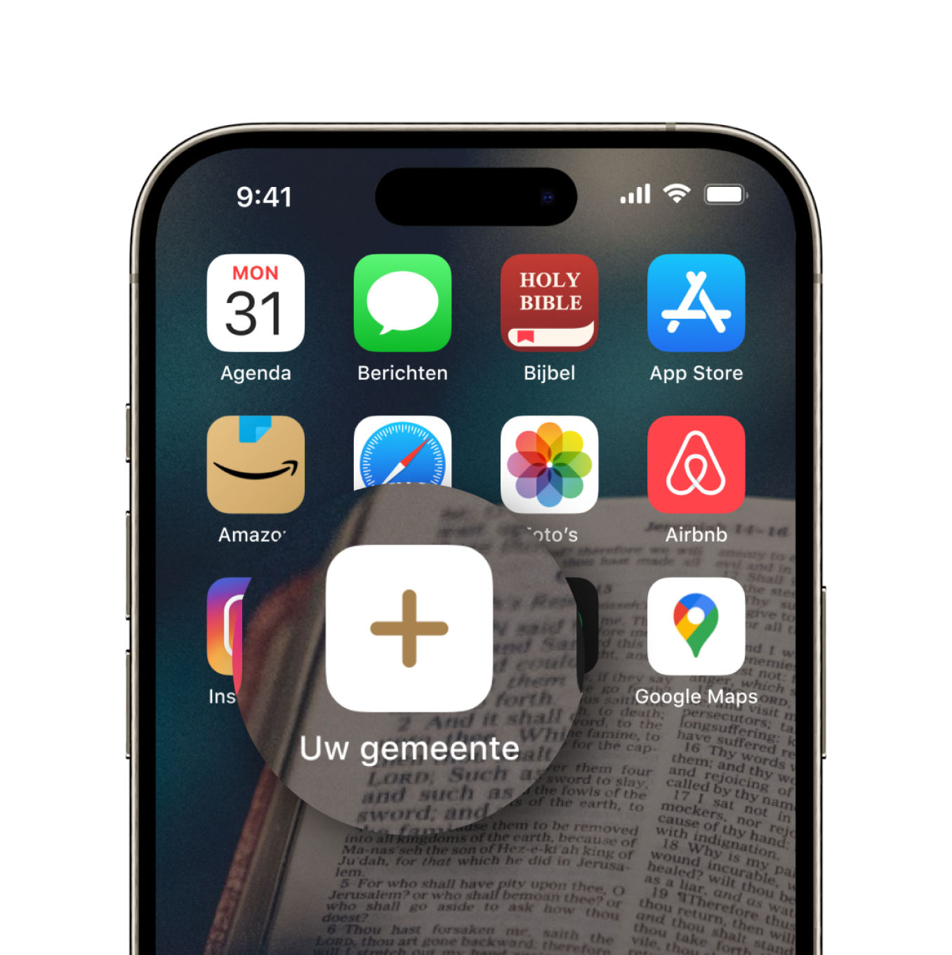 Een telefoon met een bijbel op het scherm en een app genaamd uw gemaakt