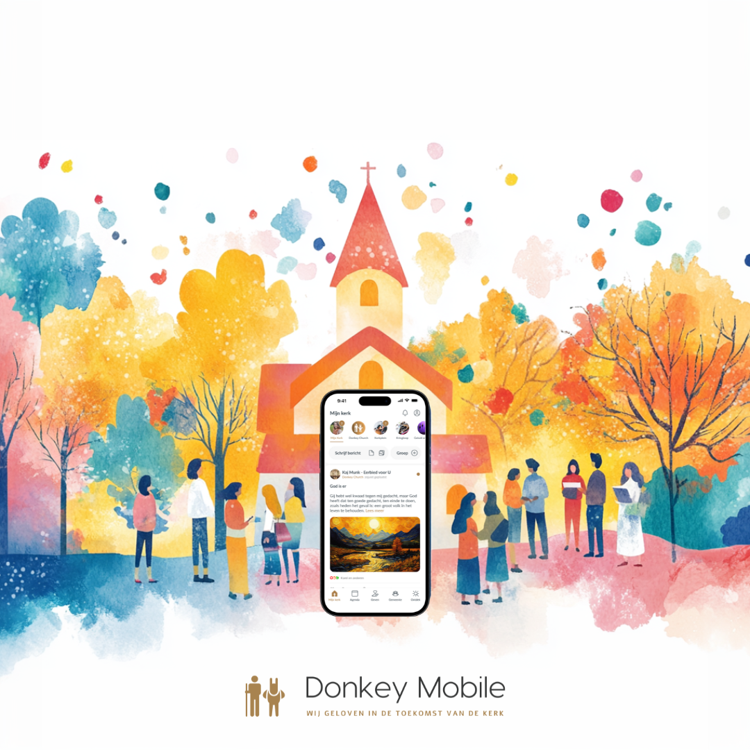 Een groep mensen staat voor een kerk.