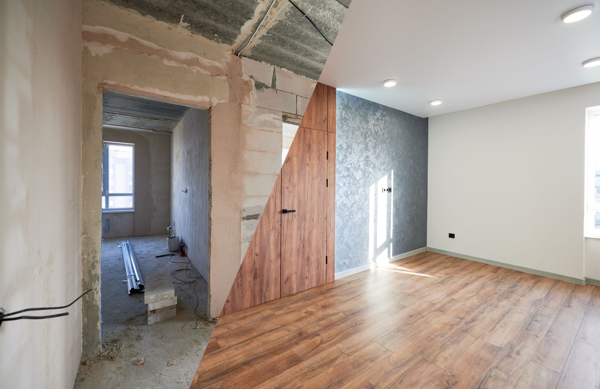 a before and after photo of a room under construction