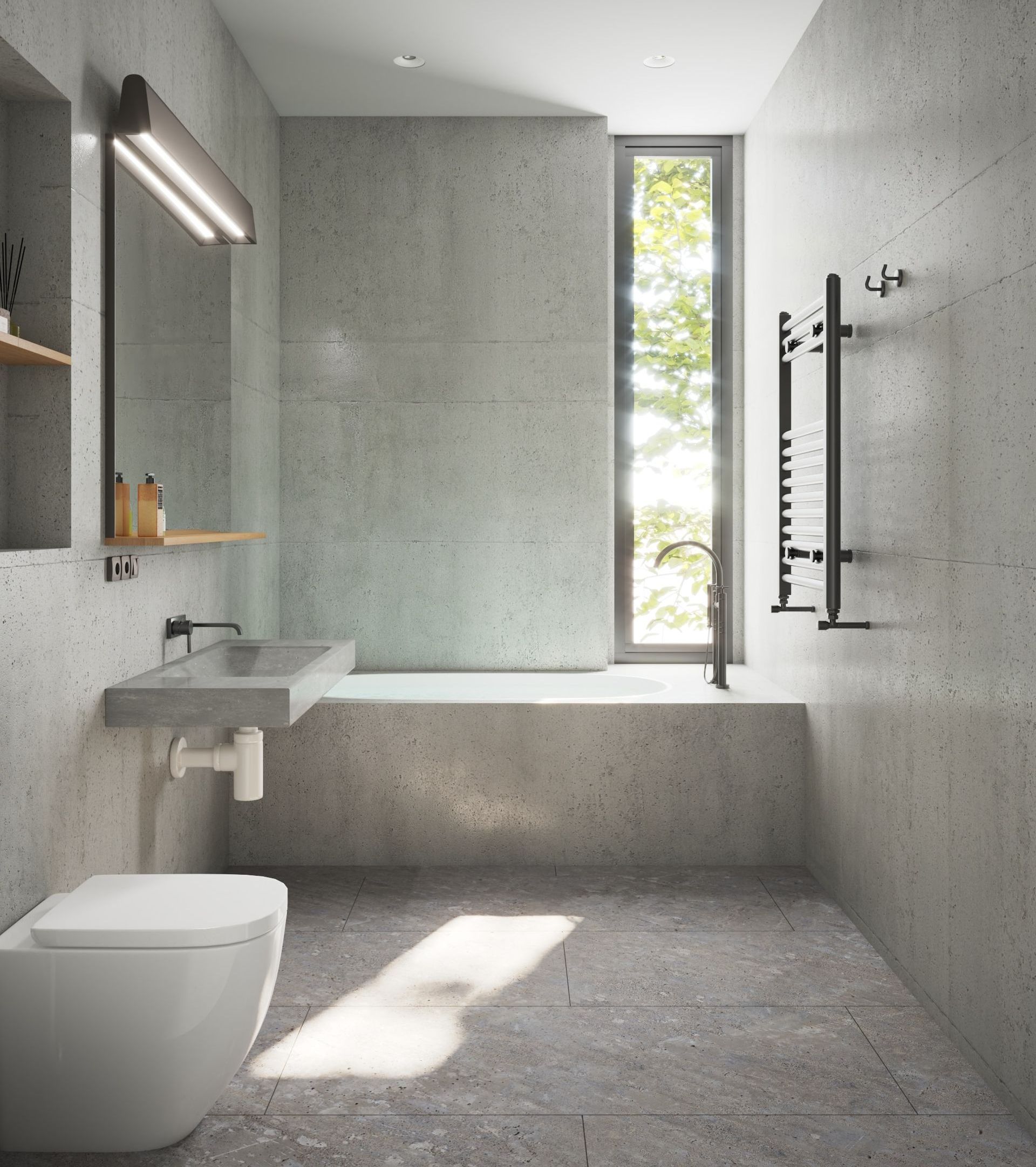 Modern concrete bathroom with sleek design and minimalist fixtures.