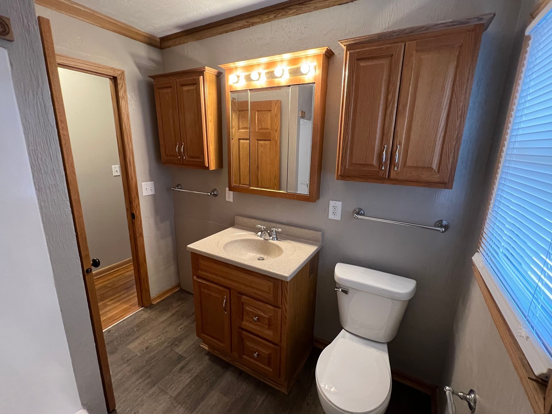 A bathroom with a sink , toilet , mirror and cabinets.