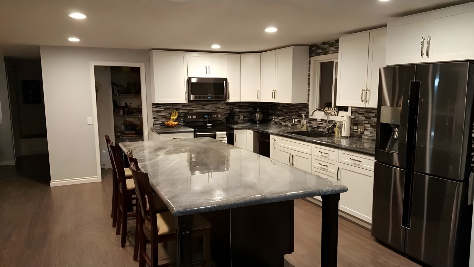Decorative concrete countertop with waterfall edge