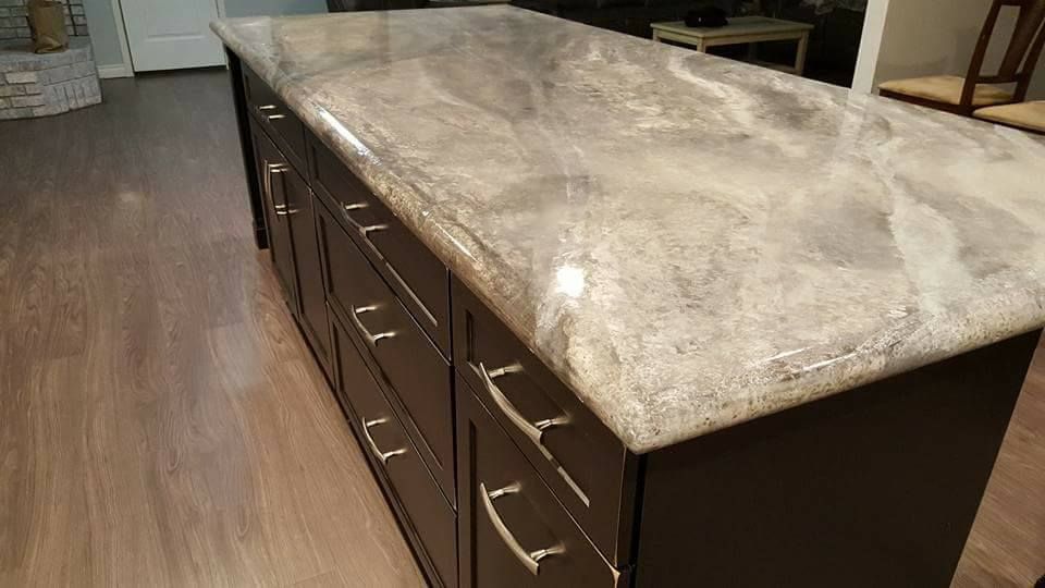 Custom concrete tabletop with marble inspired gray and white finish