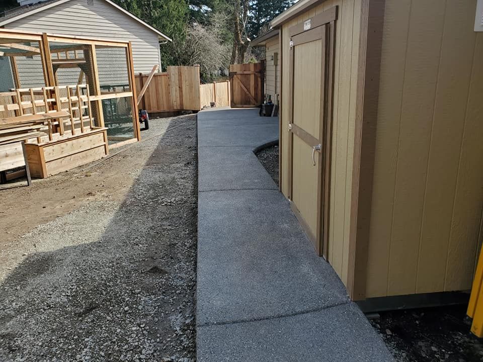 Side yard concrete walkway with curved layout