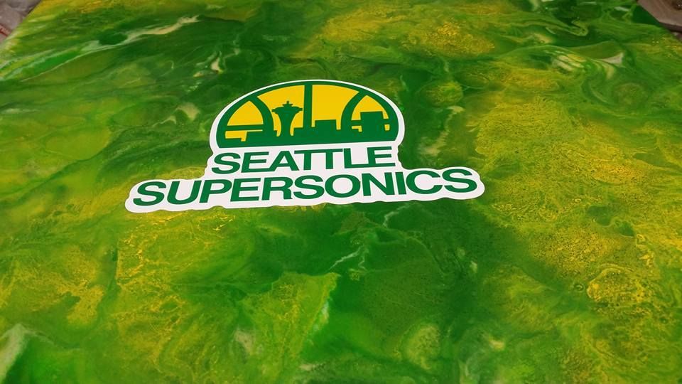 Seattle-themed resin art surface design