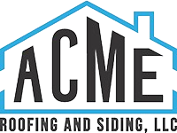 The logo for acme roofing and siding , llc shows a house with a chimney.