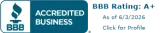 BBB Accredited Business badge with A+ rating, dated 6/3/2026, and “Click for Profile” text.