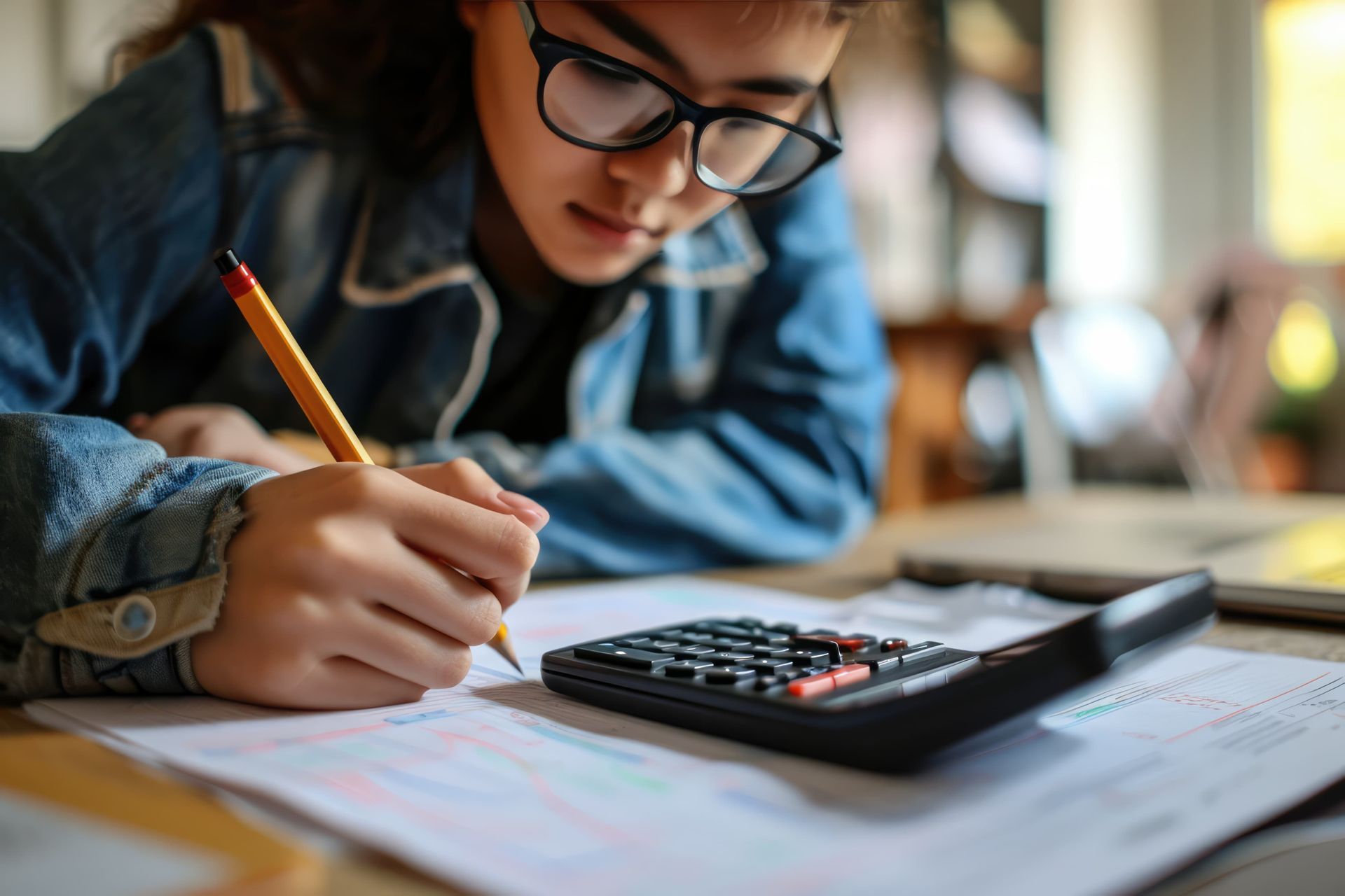 Person with glasses writing, using calculator and pencil on paper.