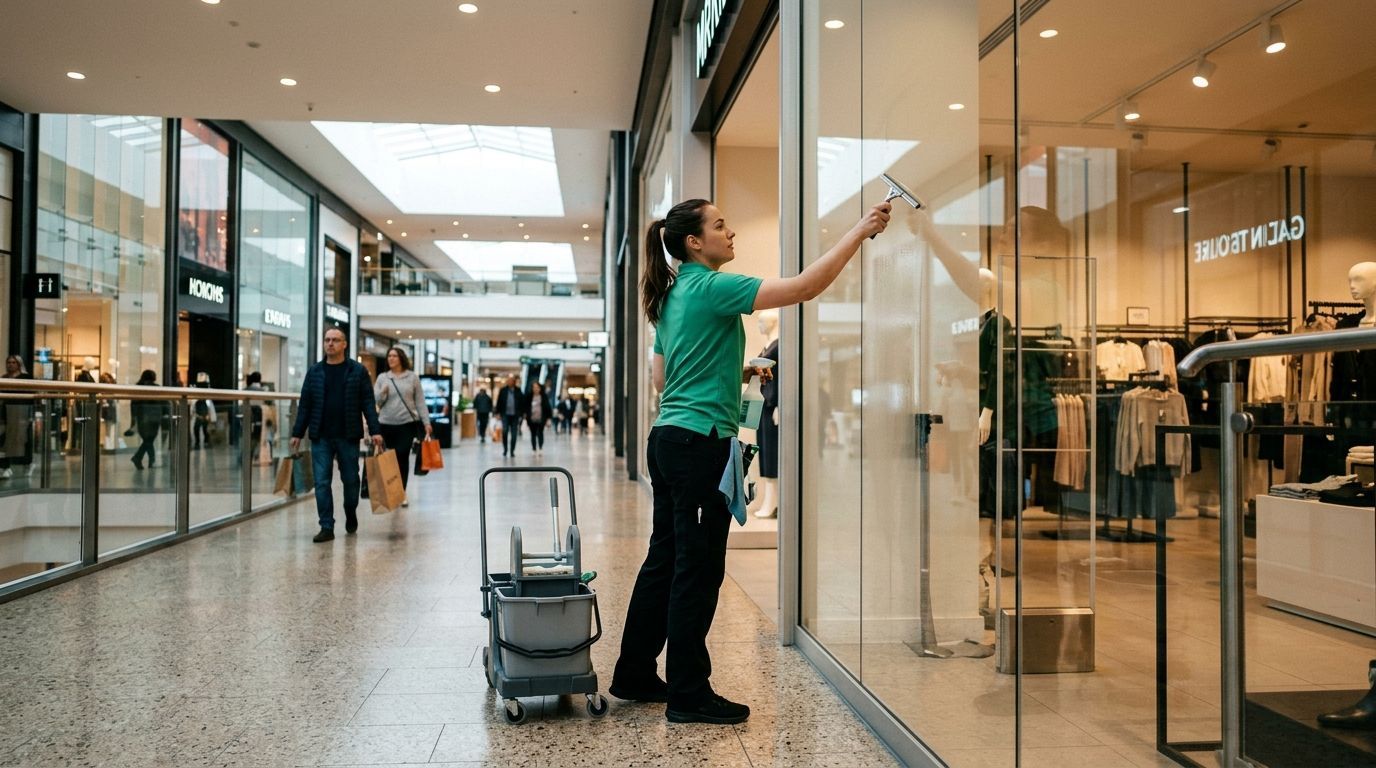 Cleaner cleaning glass storefront windows in shopping mall retail space in Coon Rapids, MN