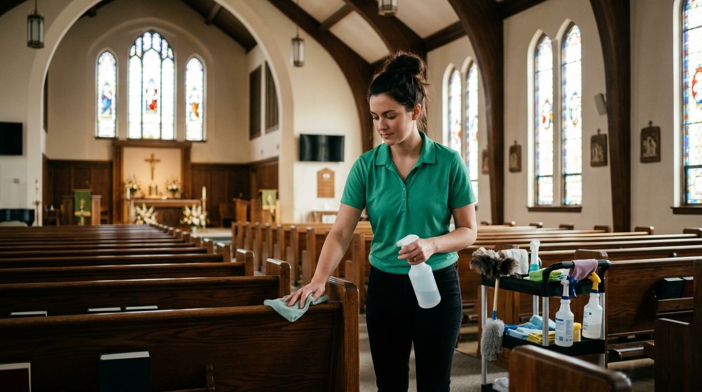 Cleaner disinfecting wooden pew surfaces in church sanctuary in Coon Rapids, MN