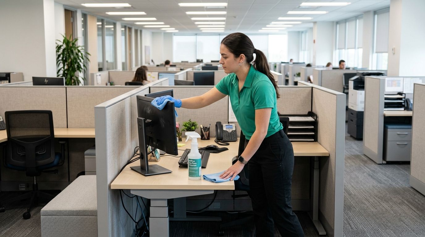 Cleaner disinfecting workstation, monitor, and desk in office cubicle area in Eden Prairie, MN