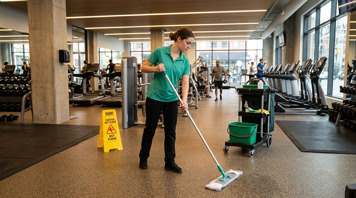 Cleaner mopping gym floor near workout equipment with caution sign in fitness center in Coon Rapids, MN
