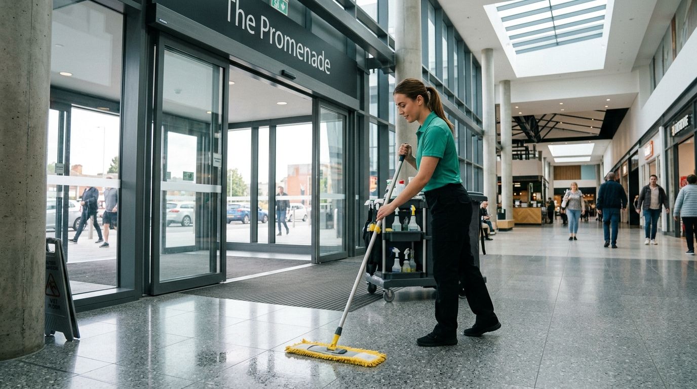 Cleaner mopping tile floor in shopping mall entrance area in Coon Rapids, MN