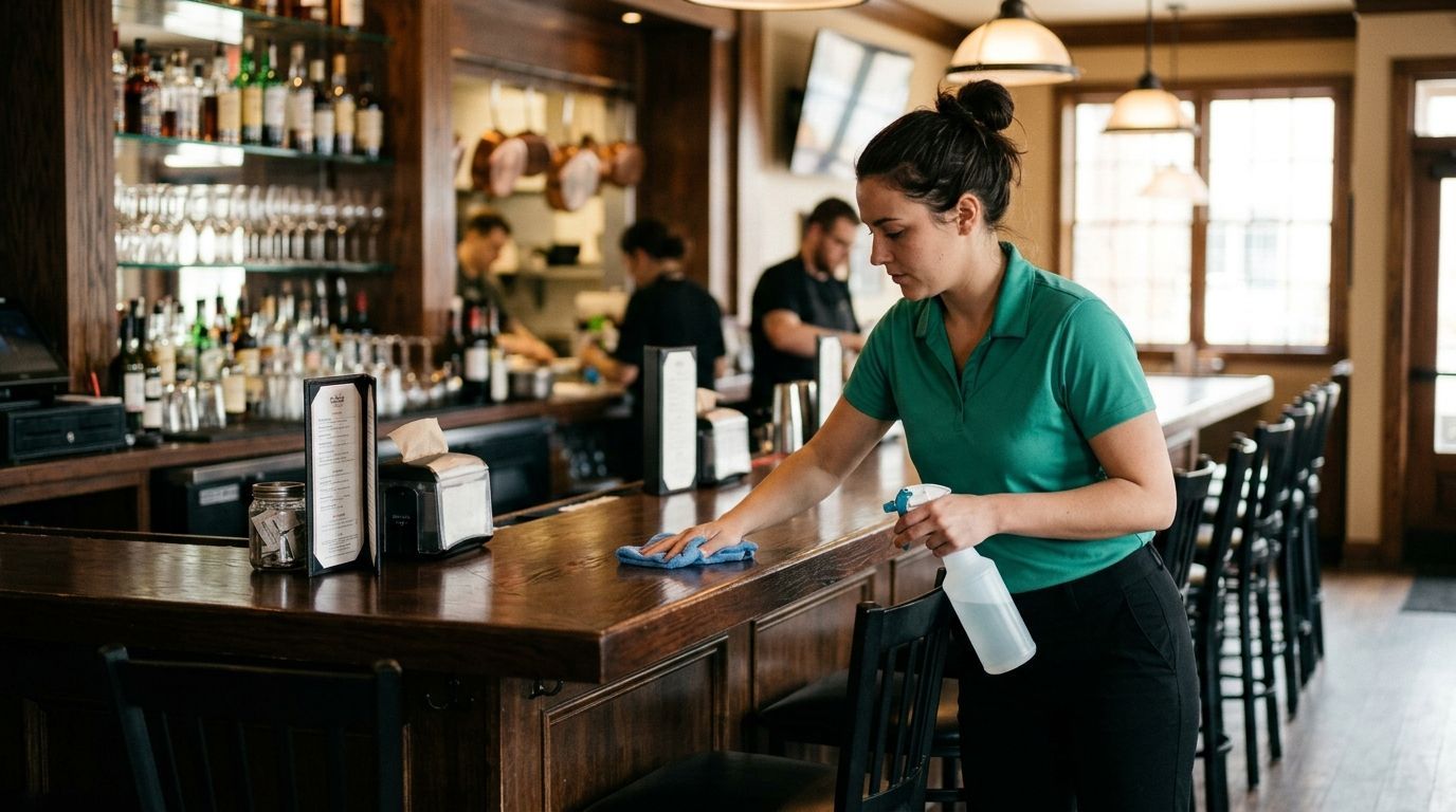 Cleaner sanitizing bar countertop and service area in restaurant in Coon Rapids, MN