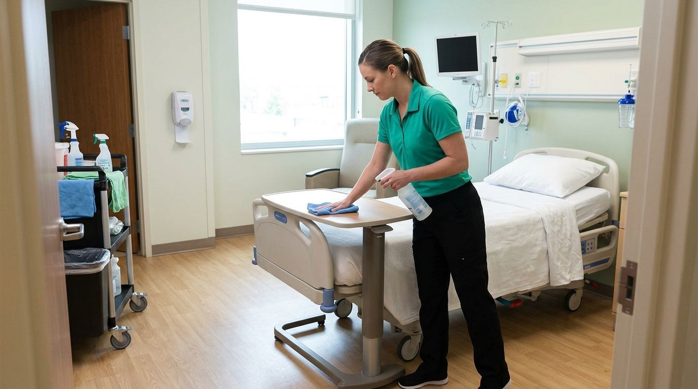 Cleaner sanitizing overbed table in patient room in healthcare facility in Coon Rapids, MN