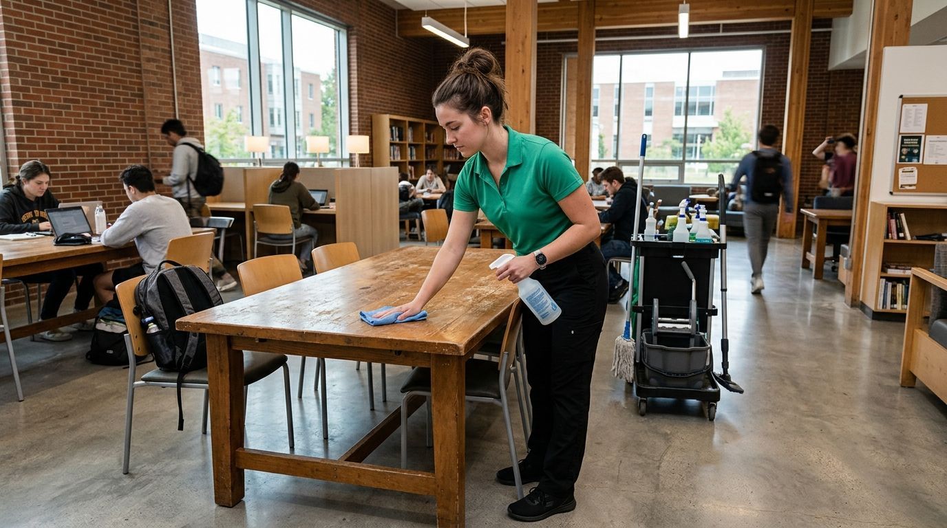 Cleaner wiping study table in university library common area in Coon Rapids, MN