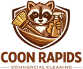 Coon Rapids Commercial Cleaning logo featuring raccoon mascot holding cleaning tools in Coon Rapids, MN