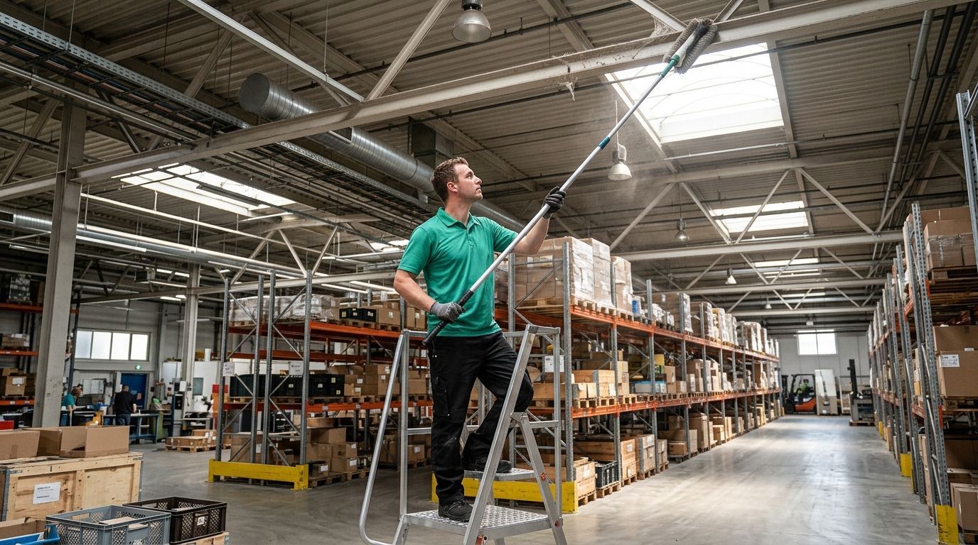 Worker dusting overhead fixtures and beams in warehouse facility using extended duster in Coon Rapids, MN
