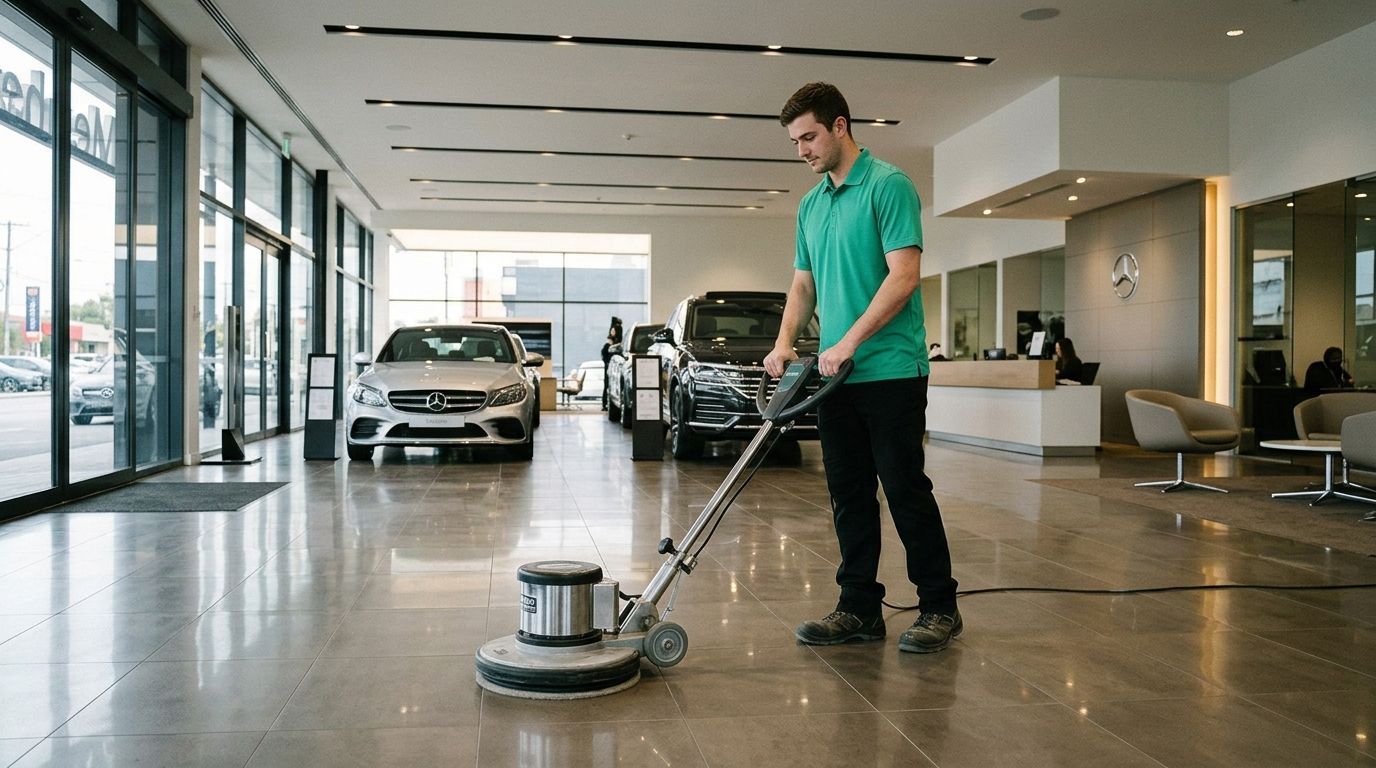 Worker operating floor buffer polishing showroom floor in auto dealership in Coon Rapids, MN