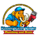 Woolly mammoth plumber in blue, holding wrench, with 