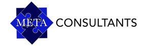 A blue and white logo for meta consultants