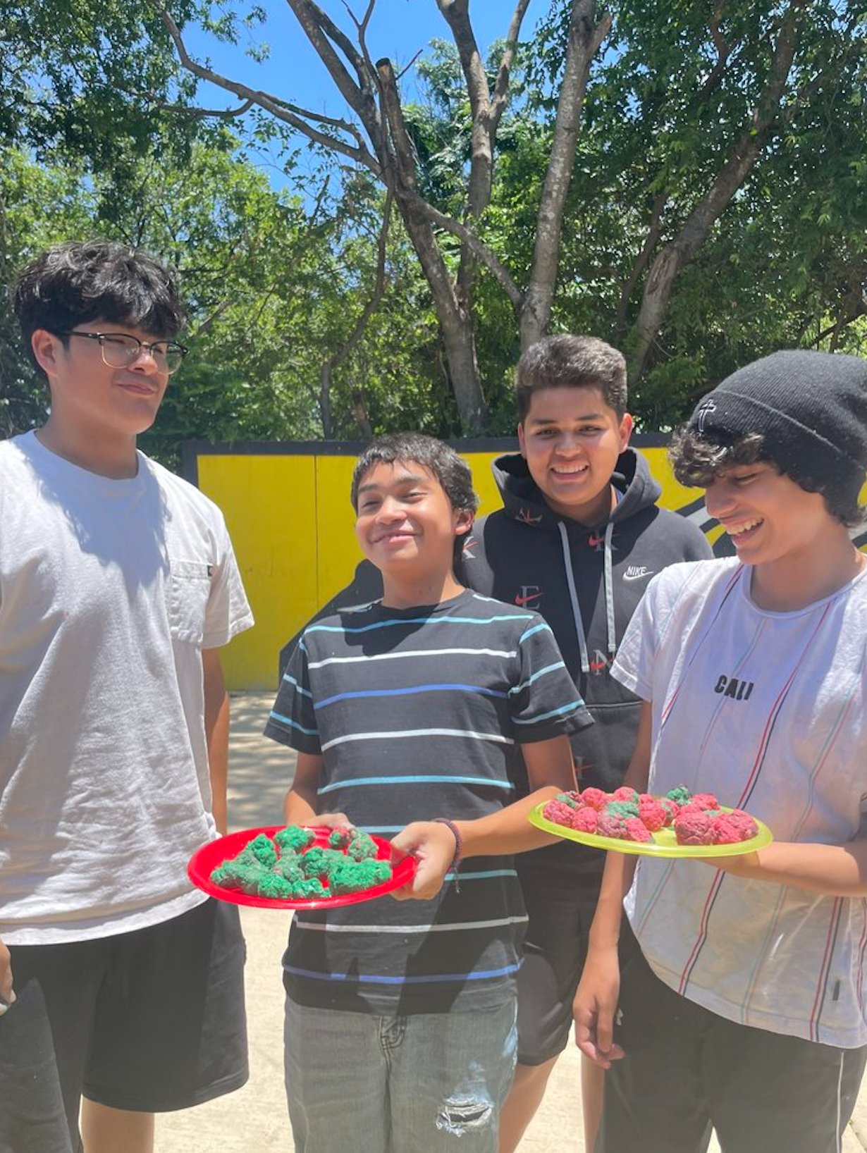 A group of young boys are standing next to each other holding plates of food.